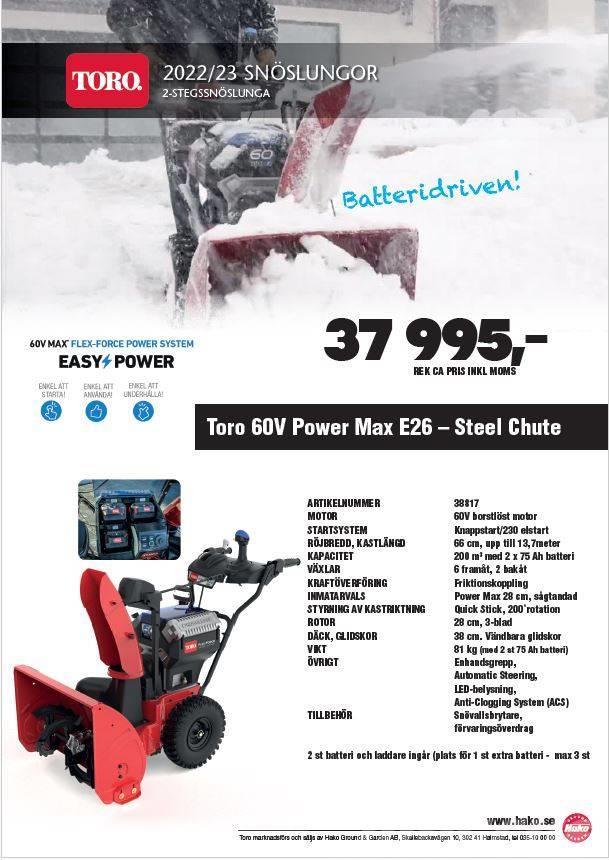 Toro Power Max E26 Batteridriven 2-stegs snöslunga Schneefräse